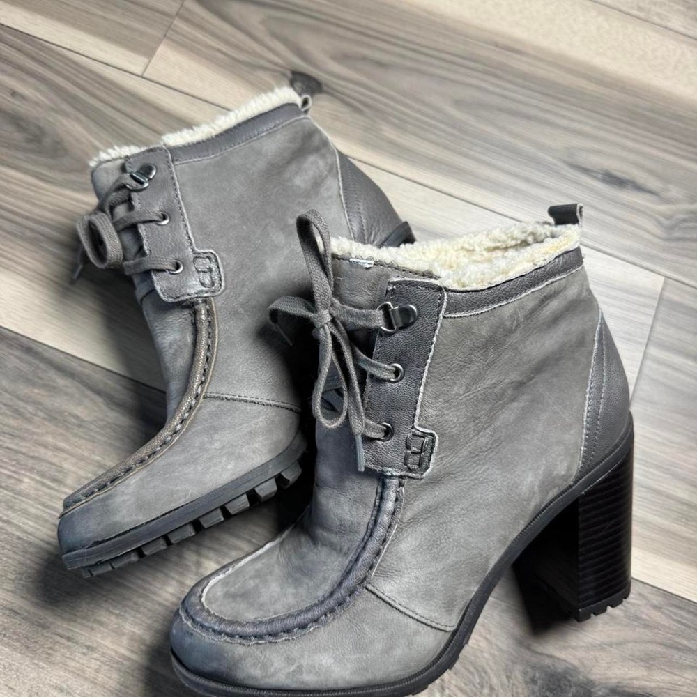 Gray suede ankle boots with faux fur lining and chunky heel